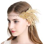 JaosWish Vintage Gold Flapper Headband 1920s Art Deco Sparkling Headband Gatsby Feather Headpiece(Size: One Size)
