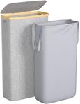 Foluck Slim Laundry Hamper, 60L Waterproof Narrow Laundry Basket with Lid and Removable Bag, Collapsible Tall Clothes Hamper with Bamboo Handles for Clothes Toys in Dorm Bedroom Bathroom, Grey