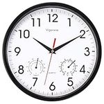 Vigorwise Wall Clock, Sweep Silent Movement Accurate Clocks with Temperature & Humidity, Decorative for Kitchen/Living Room/Bedroom/Office/School/Classroom (Black, 10 inch)