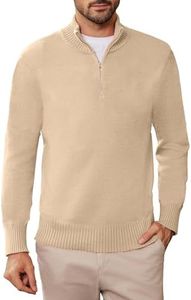 Cnlinkco Men's Quarter Zip Up Pullover Long Sleeve Polos Sweatshirts Knit Sweater Fall Winter Athletic Shirts Beige