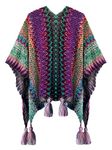 Urban CoCo Women's knit Vintage Ethnic Tassel stripe Poncho Shawl, Purple and Green, One Size