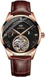 TEINTOP Men's Watch Automatic Mechanical Skeleton Ailang Watches, Black Face and Leather Band, Wristwatch