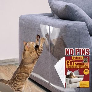 Anti Cat Scratch Furniture Protector-12 Pack Single Side Couch Protector for Cats, Self-Adhesive Cat Tape for Furniture, Clear Cat Scratch Deterrent for Furniture Door Walls (10P NO Pins)