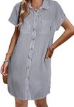 Zeagoo Ladies Dresses Stripe Print Dress Cotton Linen Shirt Dress A-Line Swing Dress Button Down V-Neck Mini Dress Work Dress with Pockets,S