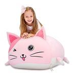 Anzitinlan Cute Cat Bean Bag Chair for Kids, Pink Stuffed Animal Storage Beanbag Chairs for Girls Room Decor, Extra Large Size, Velvet Super Soft Cover Only