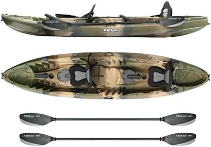 Elkton Outdoors Hard Shell Recreational Tandem Kayak, 2 or 3 Person Sit On Top Fishing Kayak Package with 2 EVA Padded Seats, Includes 2 Aluminum Paddles and Fishing Kayak Rod Holders (Camo)