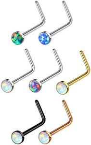 FIFTH CUE 20G Synthetic Opal Set Flat Top PVD Over 316L Surgical Steel L bend Stud Nose Rings (7pc Gem Box Value Pack)