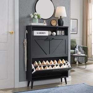 Barnyatoh Shoe Storage Cabinet, Farmhouse Shoe Organizer with 2 Flip Drawers & Barn Door,Freestanding Hidden Slim Narrow Shoe Rack Cabinet with Open Storage for Entryway, Foyer, Black