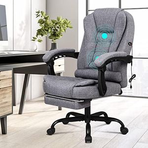 ELFORDSON Massage Office Chair with Footrest 150° Recliner Ergonomic Gaming Home Office Padded Linen Fabric Swivel, Grey