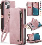 Defencase Wallet Case Compatible with iPhone 14 with RFID Blocking Card Holder for Women and Men, Fashion PU Leather Magnetic Snap Flip Zipper Strap Phone Case Suitable for iPhone 14 6.1", Rose Pink