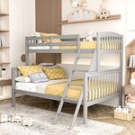 KOTEK Twin Over Full Bunk Bed, Solid Rubber Wood Bunk Bed Frame with Ladder and Guardrail, Detachable Heavy Duty Bunk Beds for Kids, Teens, Adults (Grey)