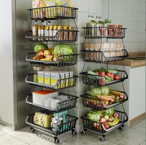 CarolynDesign Kitchen Storage Baskets Black Iron Wire Storage Bins with Wheels and Feet, Stackable Vegetable Storage Baskets (6-Tier Baskets)