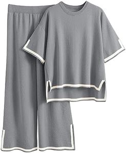 Tanming Sweater Sets Women 2 Piece Lounge Sets Short Sleeve Knit Pullover Tops Wide Leg Pants (Grey, Medium)