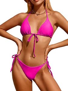 Bikinis Swimsuit Set for Women Swimwear Triangle Bathing Suit Tie String Thong, Hot Pink, X-Small