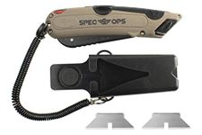 Spec Ops Tools Safety Knife Box Cutter with Self-Retracting Blade, Includes Holster & Lanyard, 3% Donated to Veterans, Black/tan