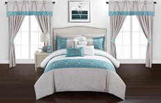 Chic Home 20 Piece Comforter Set Color Block Floral Embroidered Bag Bedding-Sheets Window Treatments Decorative Pillows Shams Included, Microfiber, Blue, King