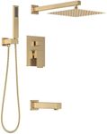 Lava Odoro Modern 3-Setting Square Shower and Tub Faucet Set with Shower Head and Handheld Sprayer Gold, Rainfall Shower System with Tub Spout, Shower Valve Trim Kit, Champagne Gold, SF103-SG-T