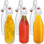 HEFTMAN Glass Bottles with Stoppers - 1 Litre 6 Pack Clear Swing Top Bottles for Beer Brewing with Airtight Stoppers for Wine, Condiments, Beverages, Oil, Vinegar, Kombucha & Water - 6 PCS (1 Litre)