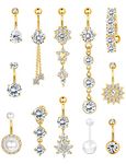 Subiceto 14G Belly Button Rings Dangle 316L Stainless Steel Belly Rings for Women Navel Piercing Jewelry 12 Pcs(Gold tone)