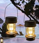 Solar Hanging Lanterns 2 Pack Outdoor Garden Table Lamp Led Vintage Hanging Solar Lights with Handle for Pathway Yard Patio Decor Tree Beach Pavilion Lights（Warm Light）