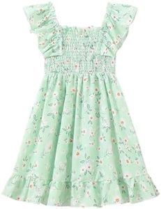 Fdqin Girls Summer Dresses Trendy Sundress Boho Fashion Ruffled Dresses Casual Short Smocked Swing Flowy Dress 7-8 Years Green Floral