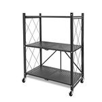 3-Tier Metal Storage Shelves with Wheels, Heavy Duty Organizer Shelf, Foldable Shelving Units, Storage Rack, Rolling Shelf, Large Capacity Organizer Rack for Garage Warehouse Basement Kitchen Pantry