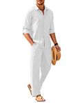 COOFANDY Men's 2 Piece Linen Sets Casual Long Sleeve Button Down Cuban Shirt and Loose Pants Set Beach Vacation Outfits, White, X-Large