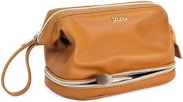 Telena Makeup Bag Large Capacity Travel Cosmetic Bag Portable PU Leather Water Resistant Makeup Organizer Bags for Women with Handle and Divider Open Flat (3-Brown)