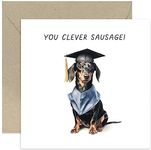 Old English Co. Cute Graduation Card for Him or Her - 'Clever Sausage' Daschund Dog Graduation Cap Gown Card - Humorous Well Done Passed Exams Card for Son, Daughter, Sister, Brother, Grandchild