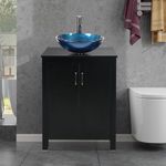 Puluomis 24-Inch Traditional Bathroom Vanity Set in Black Finish, Single Bathroom Vanity with Top and 2-Door Cabinet, Tempered Glass Round Sink Top with Single Faucet Hole