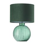 Contemporary Designer Emerald Ribbed Glass Round Table Lamp with Matching Forest Green Velvet Drum Shade | 1 x E27 60w Maximum | 42cm Height by Happy Homewares