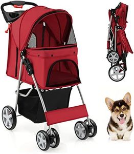 Costway Folding Pet Stroller, 4-Wheel Cat Dog Cage Stroller with Mesh Windows & Cup Holder & Storage Basket, One-Hand Folding, Portable Pet Travel Carrier Carriage for Small & Medium Pets, Easy to Carry(Red, Normal)