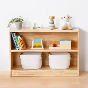 OOOK Rubber Wood Montessori Shelf and Toy Storage, 35.4" L, Solid Wood Bookshelf and Toy Organizers, 2-Tier Storage Cabinet Shelves and Kids Bookcase for Classroom, Kindergarten, Kids Room, Playroom.