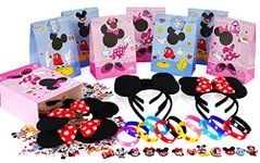 Cartoon Mouse Party Bag Filler Set 120 Pcs Mouse Theme Party Supplies Includes Present Bags Keychain Silicone Bracelet Nail Sticker Headbands Shoe Decor for Kids Birthday Party Return Thank bags