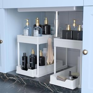 petisal Under Sink Organizer - 2 Pack | Pull out Bathroom Organizer | 2 Tier Slide out Bathroom/Kitchen Organizers and Storage | White