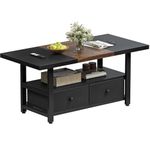 FABATO 2-Tier Coffee Table with Storage Shelf and 2 Drawers, 46'' Rectangular Center Table Wood Top for Living Room Reception Room, Metal Frame, Easy Assembly, Black