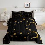 Starry Sky Comforter Set,Stars and Moon Bedding Set for Kids Girls Women,Adults Gold and Black Comforter,Galaxy Quilted Duvet Set Bedroom Collection Twin Size 2Pcs