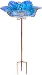 MUMTOP Bird Baths for Outdoors Glass Bird Bath Bowl Outdoor Bird Feeder Flower Pattern with Metal Stake for Garden, Yard and Lawn Decor(Blue)