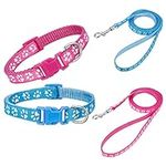 AKlamater 2 Pack Dog Collar and Lead Set, Puppy Collar and Lead Set Quick Release Buckle Adjustable Paw Print Puppy Collar Soft Nylon Pet Collar for Puppy Small Medium Dogs