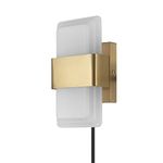 Globe Electric 65923 1-Light LED Integrated Plug-in or Hardwire Wall Sconce, Frosted Acrylic Shade, Matte Brass Finish, 19W, 500 Lumens, 3000 Kelvin, 90+ CRI, in-Line On/Off Rocker Switch