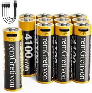 remGretivon USB-C Rechargeable AA Batteries 12 Pack, 4100mWh 1.5V Lithium, 1500 Cycles, Constant Voltage for Smart Locks, Wireless Keyboards, Mice, Cameras, Toys & More