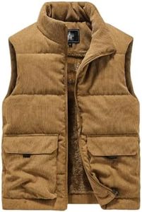 Winter Wool Vest Men Cotton Padded Warm Jacket Sleeveless Coat Stand Collar Waistcoat Corduroy Outwear, Earthy Yellow, XX-Large