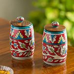 ExclusiveLane Mughal Drum' Multi Utility Storage Ceramic Jars For Kitchen Storage With Wood Lid (Airtight,Set Of 2,570 Ml)|Ceramic Jars & Container Set Airtight Container,Multicoloured