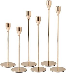 6Pcs French Honey Gold Candlestick Holders, Tall Taper Candelabra Stands fits 3/4 inch Thick Pillar Candle Stick, Elegant Decor Set for Table Centerpiece, Floor, Fireplace as Date, Festival, Fitting.