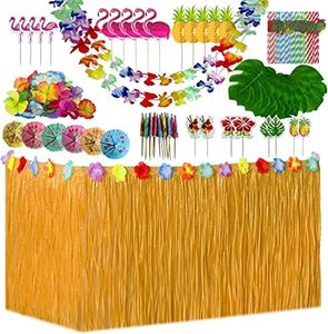 156 Pcs Hawaiano Luau Falda de Mesa Set de decoración,de Fiesta Tropical de 9.6FT con Hojas de Palma Flores Hawaianas Paraguas y pajitas de Fruta Decoraciones de Mesa de Fiesta Tiki de Verano