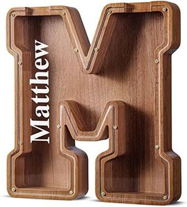 Summidate Customized Name Extra Large Wooden Piggy Bank for Kids Boys Girls Alphabets Letter A-Z Coins Bills Money Change Saving Box Clear Cover (Laser Engraved) Educational Toys 12"- Letter M