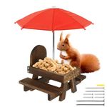 Squirrel Feeder Wooden Squirrel Table with Umbrella Funny Squirrel Picnic Table Feeder with Corn Cob Holder Bird Feeders Hanging Station for Outside Yard Nuts, Peanuts, Seeds, Fruit