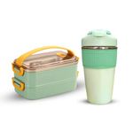 Yelona 1.6 Litre stainless Steel Stackable Bento Box Lunch Box Containers with 480 ML Insulated Leak-Proof Coffee/Beverage Tumbler for Dining Out, Work, School, Picnic - Fern Green