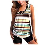 Tankini Swimsuits for Womens Plus Size Woman Vintage Tummy Control Bathing Suits Graphic Print Tank Top with Boyshorts Belt Bikini Pattern Reversible Bathing Suit High Thigh Bottoms Big Busted Tops C