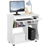 Yaheetech Movable Computer Office Desk Table Workstation Home Office Furniture with Sliding Keyboard 2 Shelves Study Workstation on Wheels White 80.1 x 48.1 x 76.2 cm